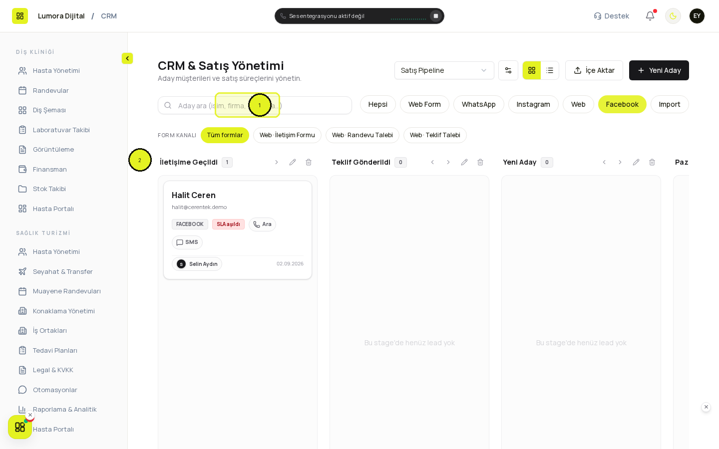 CRM panosunda Facebook filtresi